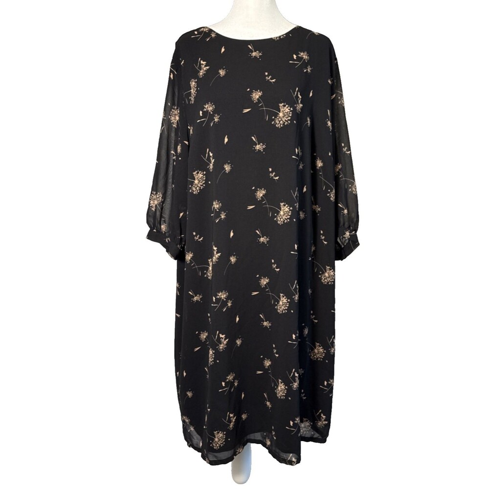 AVA & VIV Black/Beige Floral NWT Chiffon Shift Dress 1X Sheer Sleeve Boho Chic